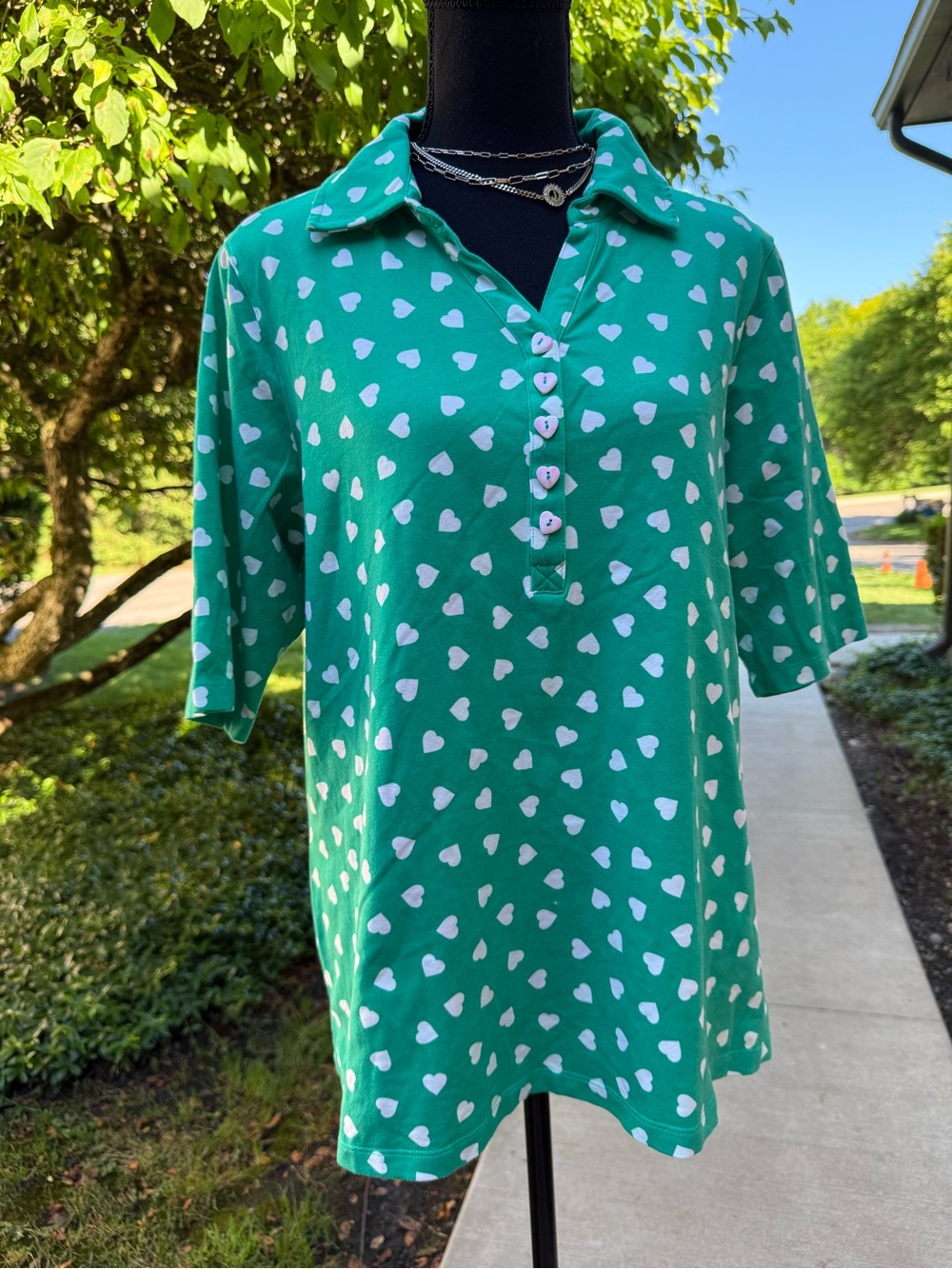 Women Green Heart Print Polo Tunic  size L Susan Graver brand large pre-owned .